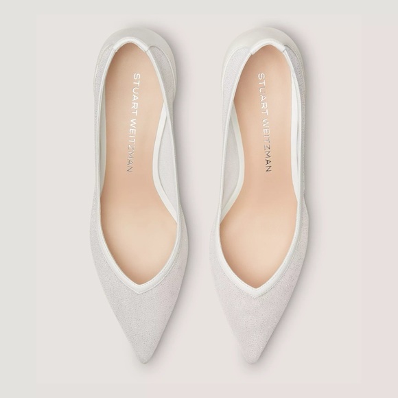 Stuart Weitzman Eva 50 Pump Pointed Toe White Sparkle Kitten Heels $525 MSRP 5.5 - Picture 4 of 15